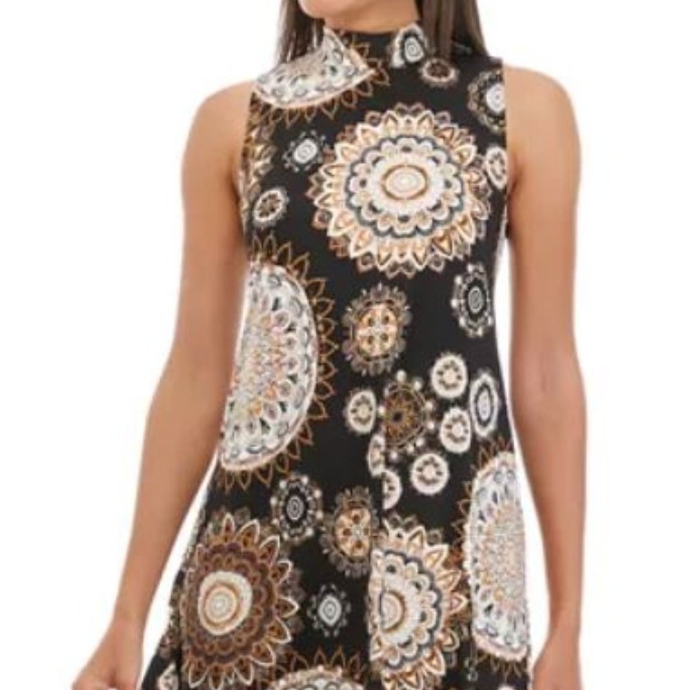 Robbie Bee A-Line Mock Neck Medallion Black & Red Print Dress Pettie Small NWT